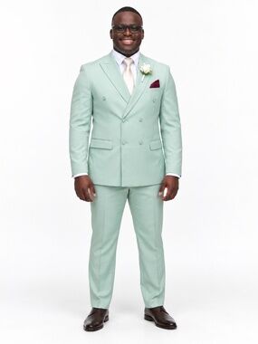 Lineage Men's Sage Green Double-Breasted Suit 44L 38L Performance Stretch